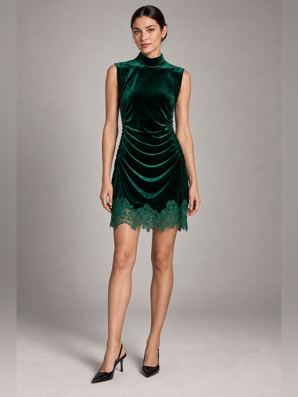 NWT Commense Emerald Velvet Ruched Lace Hem Mock Neck Mini Dress XS